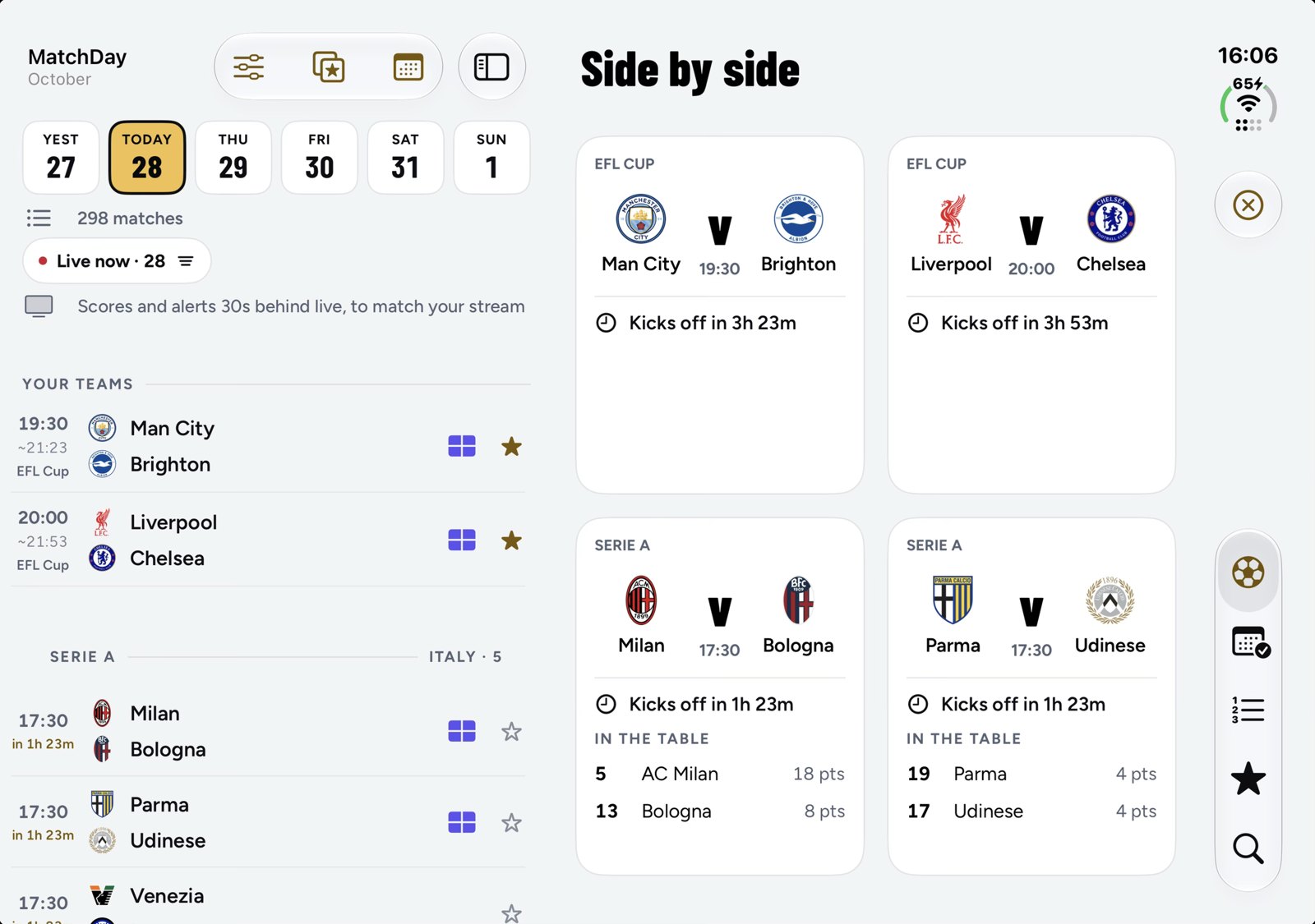 Side by side: Man City v Brighton, Liverpool v Chelsea, Milan v Bologna and Parma v Udinese